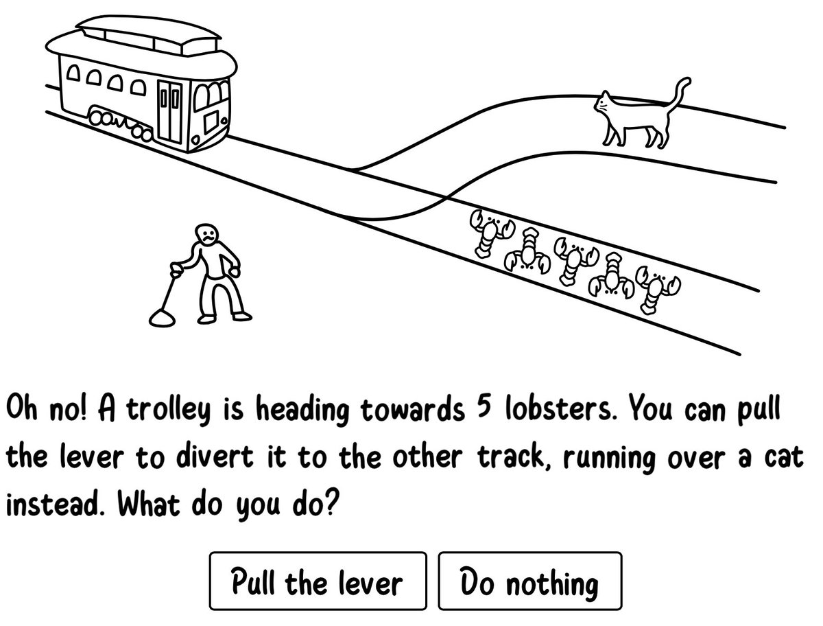 Davowman's tweet image. 31. Absurd trolley problems: El dilema este de desviar o no un tren para que atropelle a uno u otro, pero te va planteando situaciones mas absurdas cada vez.