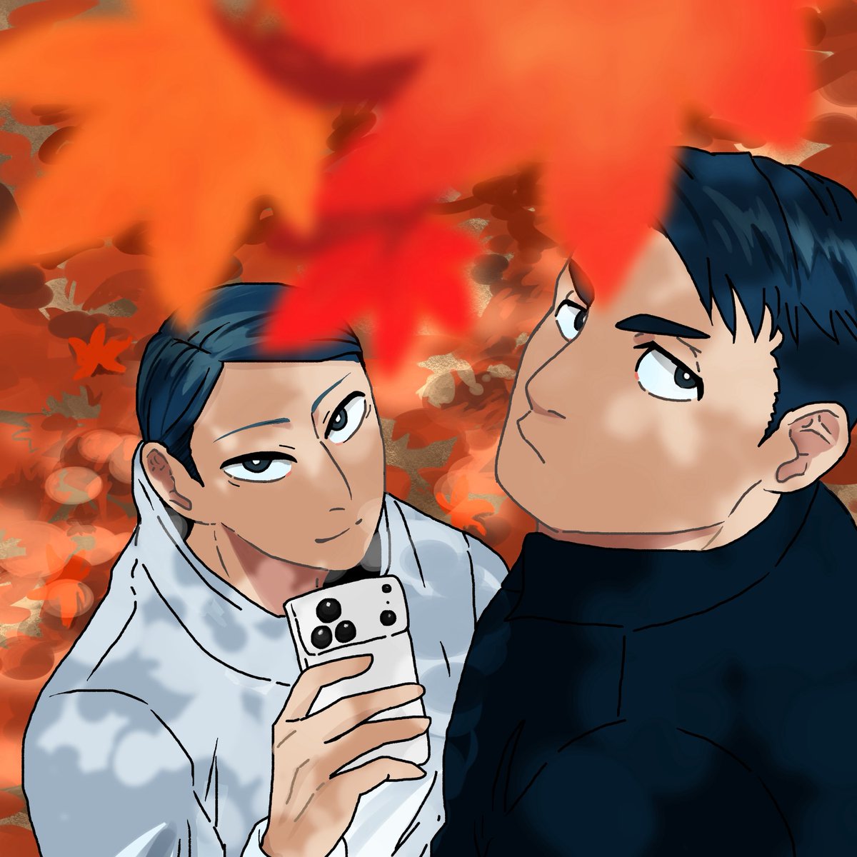 るりゃさんラフ、米村さん線画を塗らせていただきました🫶
もみじのイラストが入ってたので秋っぽい色にしたくて、2人の色との対比で彩度高めに塗りました🍂
素敵な企画ありがとうございました🙏✨
 #秋のいをする絵描きローテーション企画