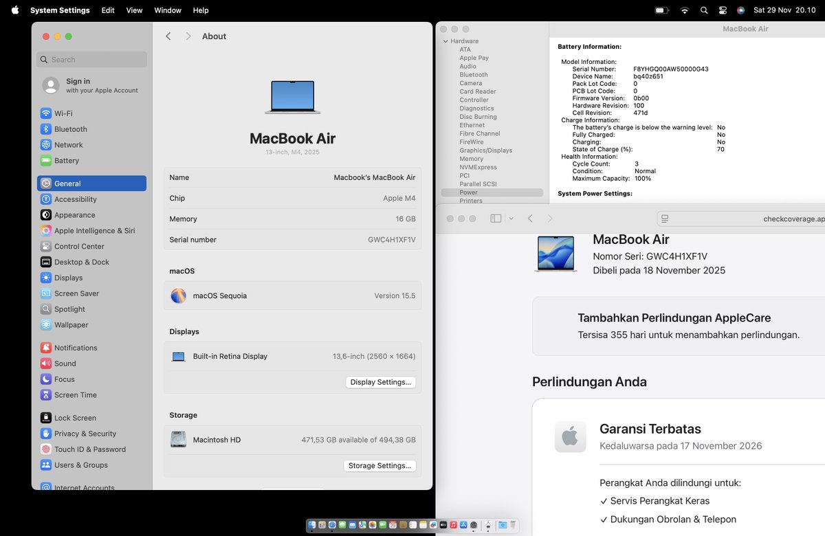 Dijual MBA M4 muluuuus mantab garansi panjang! 😎
Permisi gaes mau jual MacBook Air M4 spek mantab 512/16. Warna Starlight fullset muluuus unit resmi 🇮🇩 ya. Garansi panjang sampai November 2026! 🥰💻

Harga 18,5 juta bungkuuus. Minat cuss DM ya. Bantu RT gaes thank you 🙏🏼