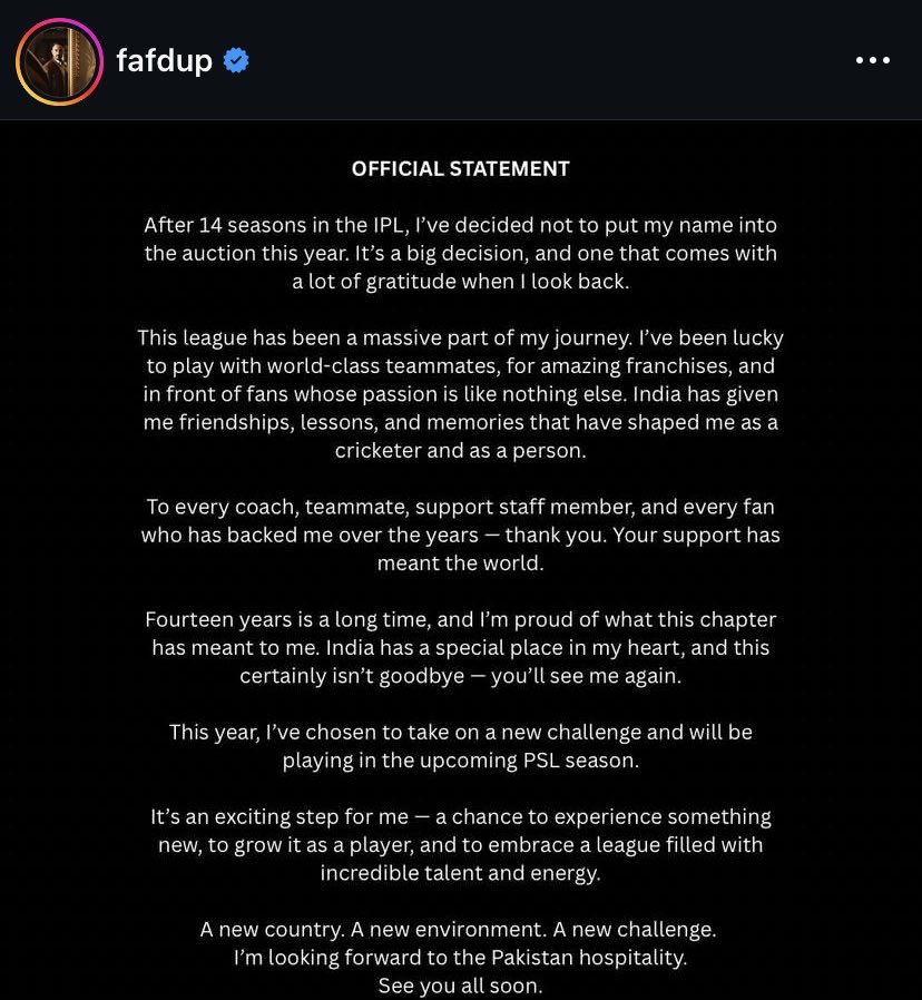 Looks like Faf du Plessis already knows he won’t get picked in the IPL auction, so he chose PSL instead. Just like Warner and Kane went unsold at this age, he probably expects the same. Better to play PSL where a team will surely take him—haha! #IPL2026
