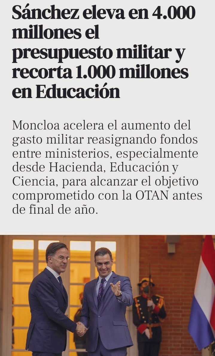 “El incremento del gasto militar no va a suponer un recorte de los gastos sociales”, Pedro Sánchez, mentiroso patológico.