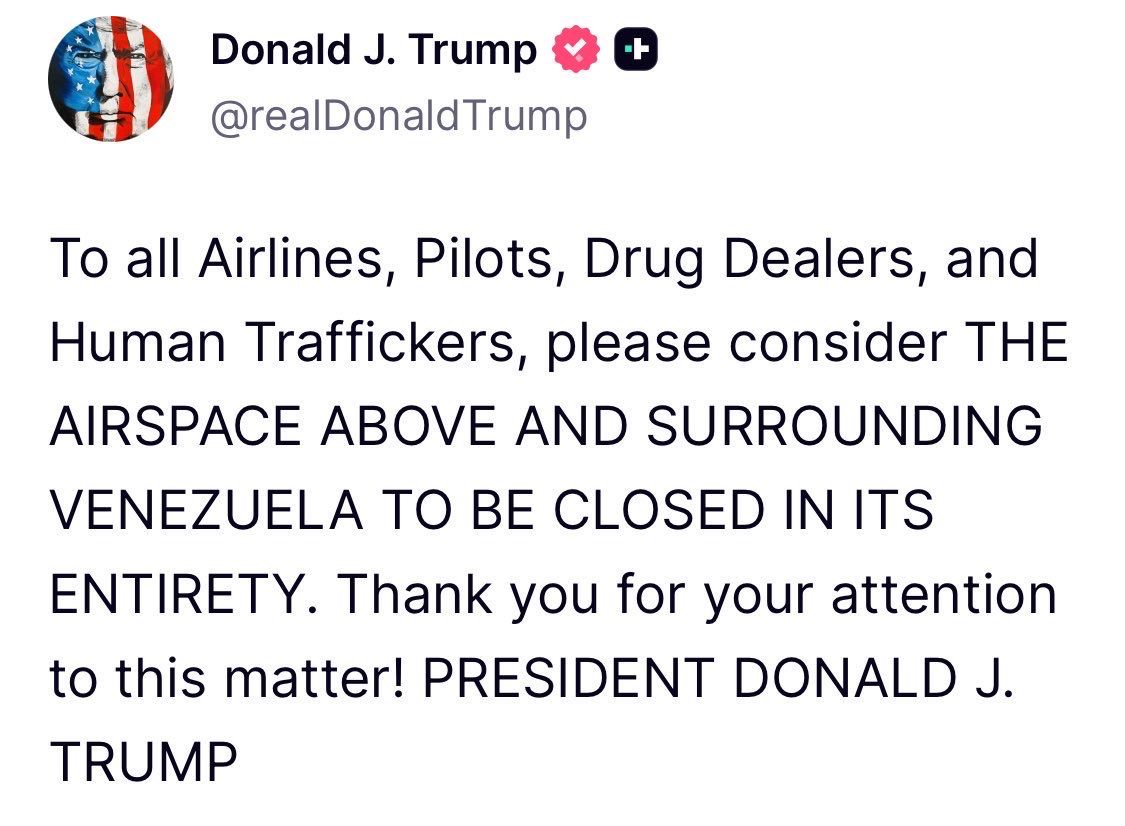 vavi90's tweet photo. 9:10 am: Presidente estadounidense Donald Trump pide cerrar el espacio aéreo sobre Venezuela. Dice que es una medida urgente. Hace llamado a pilotos y aerolíneas https://t.co/rFAgAgOwGJ