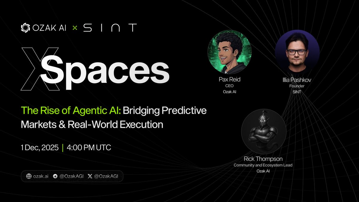 OzakAGI's tweet image. Join us for an amazing xSpaces exploring the next frontier of Agentic AI! 🤖✨

This time, we’ll be talking on &quot;The Rise of Agentic AI: Bridging Predictive Markets &amp;amp; Real-World Execution&quot;

We’re looking into how AI is evolving from predicting market moves to executing real-world…