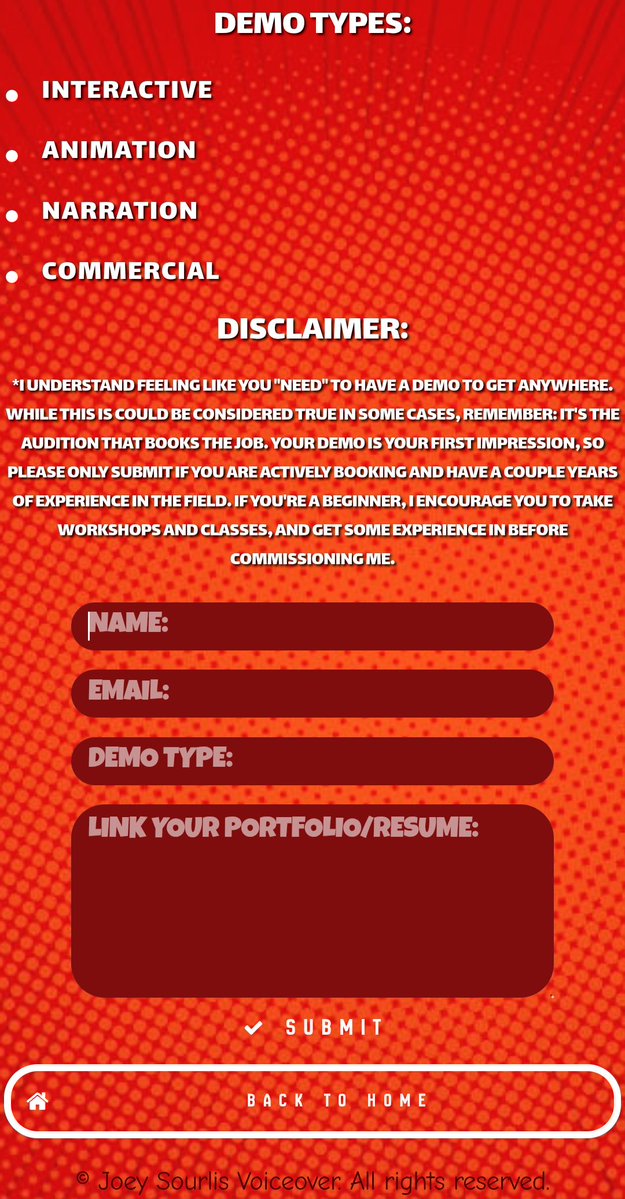 JoeySourlisVo's tweet image. I&apos;ll tell you, I *do not* like turning away demo clients...

But I will 🫡 I got a whole disclaimer on my website about it.

Your demo is your 1st impression, it&apos;s important!

If you&apos;re just starting out, please invest the money you&apos;d be spending with me to hone your craft! (1/2)