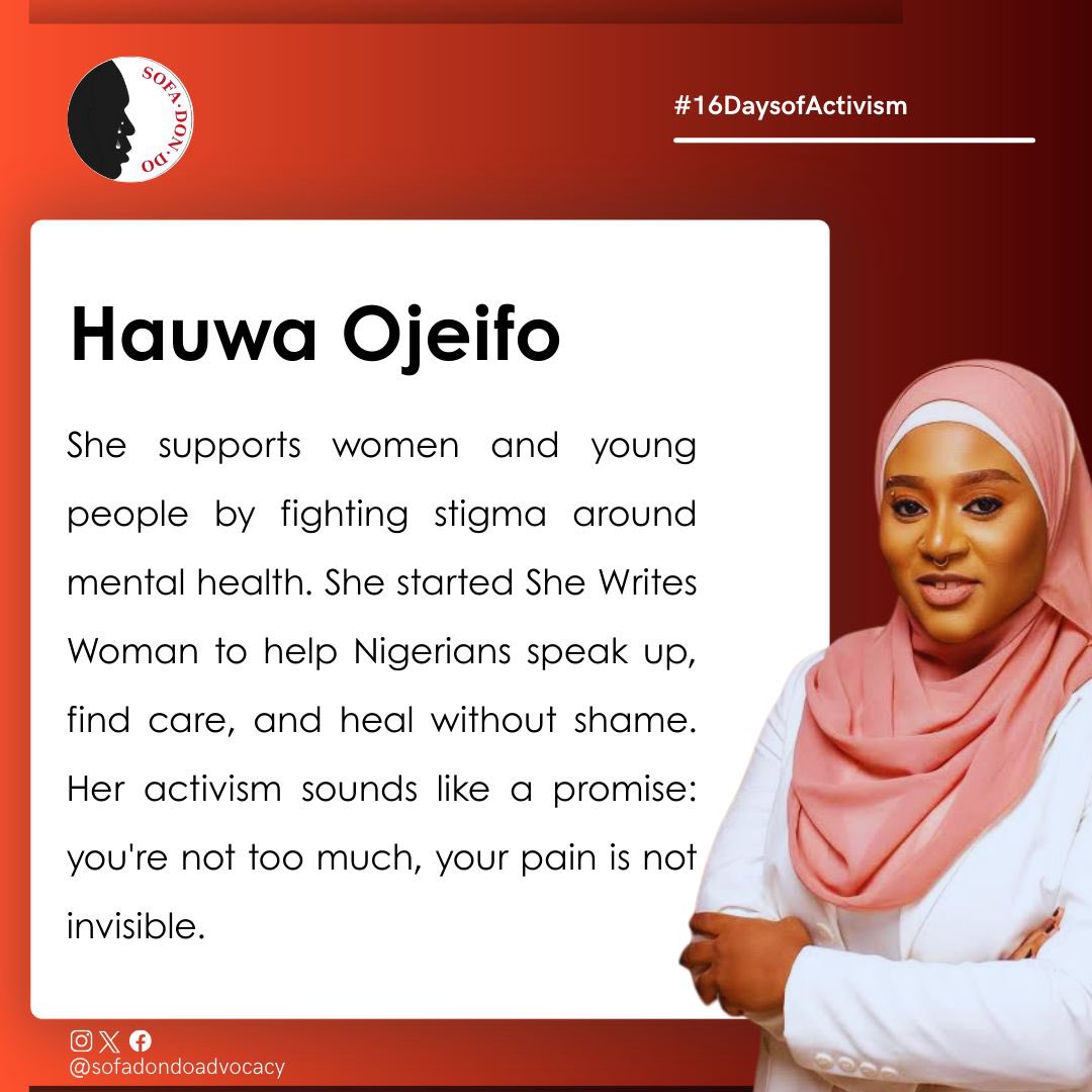 sofadondo's tweet image. On this International Day for Women Human Rights Defenders  during the #16DaysOfActivism, we  honour @obyezeks @AishaYesufu @hauwa_ojeifo @HafsatKIND for bravely confronting #GBV, often at great personal risk.

#SofaDonDo #Volunteers #GBV #humanrights #genderbasedviolence