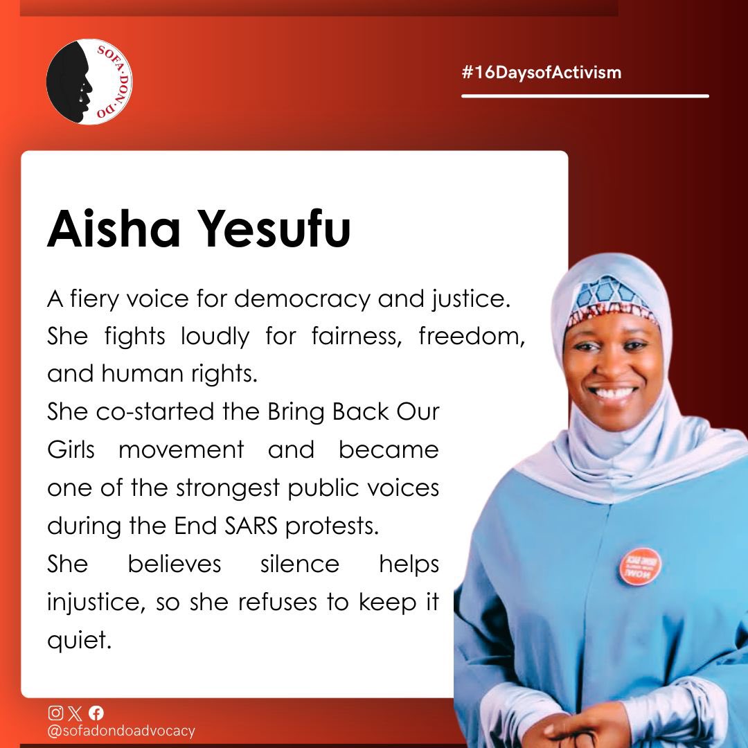 sofadondo's tweet image. On this International Day for Women Human Rights Defenders  during the #16DaysOfActivism, we  honour @obyezeks @AishaYesufu @hauwa_ojeifo @HafsatKIND for bravely confronting #GBV, often at great personal risk.

#SofaDonDo #Volunteers #GBV #humanrights #genderbasedviolence