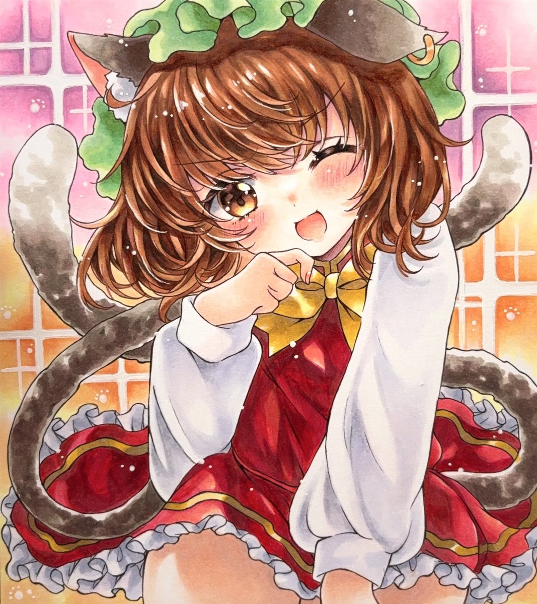 uto_amato's tweet image. きらきらちぇん✨

#東方Projectᅠᅠᅠᅠ 
#橙　#アナログイラスト