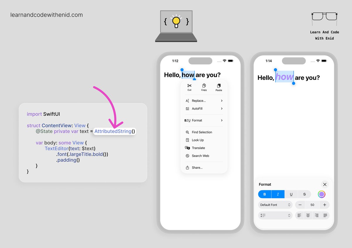 ios_dev_alb's tweet image. SwiftUI Tip 💡

In iOS 26.0+, TextEditor supports rich text editing when you bind it to an AttributedString.

This instantly unlocks system-native formatting tools - bold, italics, underline, colors, alignment, and more.

→ learnandcodewithenid.com