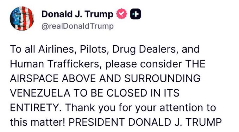 AIR FORCE: Trump just closed Venezuelan airspace…