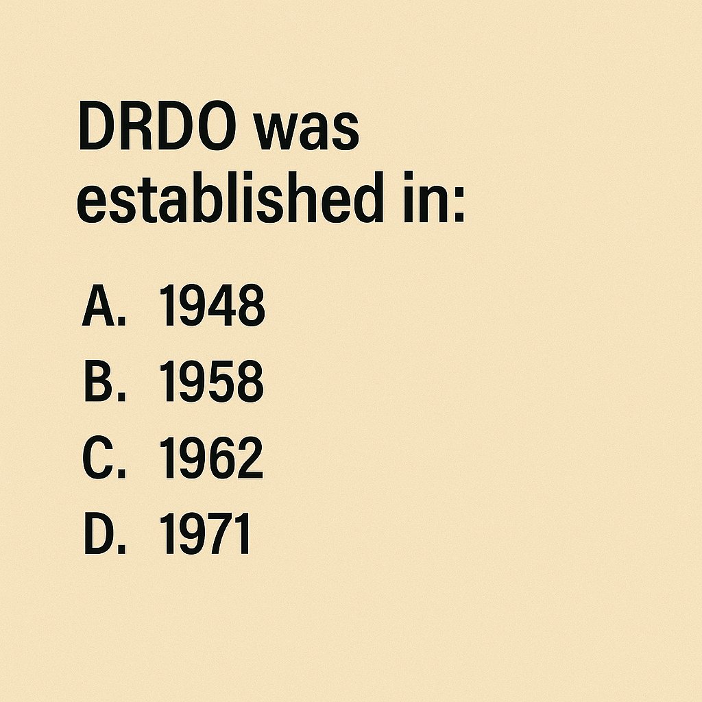 cematerial's tweet image. General Knowledge🔔🔔🔔:

DRDO was established in:

#Generalknowledge #UPSC #SSC #RRB #CompetitiveExams #BPSC #UPSCPrelims2026