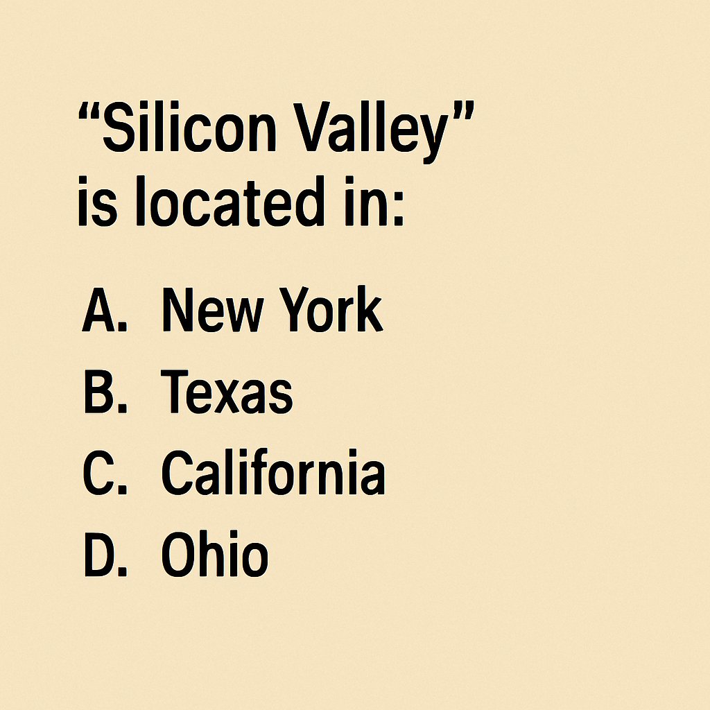cematerial's tweet image. General Knowledge🔔🔔🔔:

“Silicon Valley” is located in:

#Generalknowledge #UPSC #SSC #RRB #CompetitiveExams #BPSC #UPSCPrelims2026