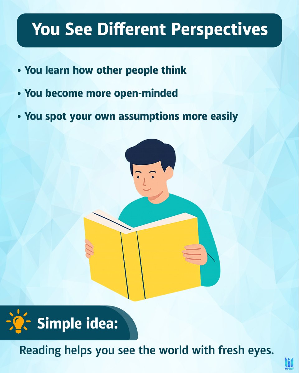 mpresearchwork's tweet photo. Reading widely sharpens your thinking. 
New genres bring new ideas, new perspectives, and fresh creativity. 
Try one book outside your usual category - your mind will thank you. 
#MPRW #ReadingHabit #BetterThinking https://t.co/LJPStL39M0