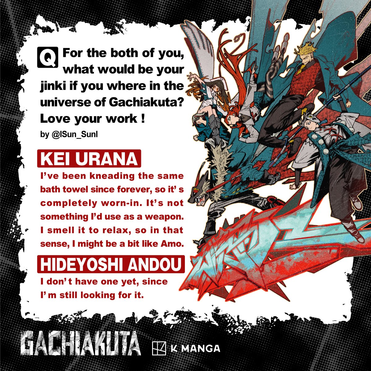 KMANGA_KODANSHA's tweet photo. K MANGA Exclusive Q&amp;A!🔥

You asked, the creators of #GACHIAKUTA answered!

Stay tuned for more!👀 https://t.co/pOTOZm1EC4