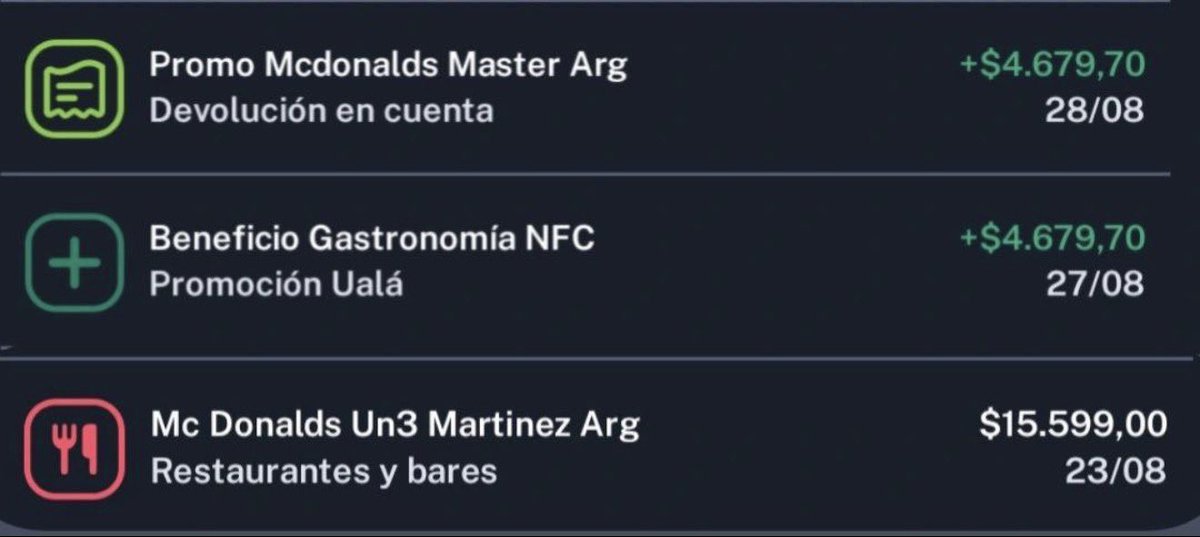 vmenditto's tweet photo. 60% UALA + McDonalds
🍟🍟🍟🍟🍟🍟🍟🍟🍟

Haces así :

👉🏼30% SÁBADO Y DOMINGO UALA en
Gastronomía / Pagas desde la billetera celular (Apple Pay o a Google Pay ) - tope $7500 x semana

👉🏼30% McDonalds con Máster de cualquier banco o billetera - tope $10000 x mes

• Quiere decir que si pagas con Máster desde el celular tenes todos los días 30% en McDonalds , pero si la máster que usas los días Sábados o Domingos es de UALA , de te acumulan dos promos