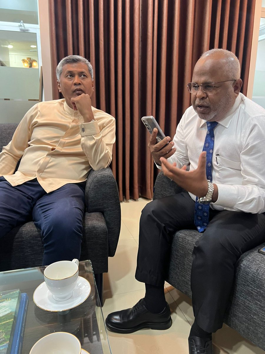 AhmedXamyr's tweet photo. Met with Sri Lanka’s High Commissioner H.E. Mohamed Rizvi Hassan, in my capacity as Chair of the MV –SL Parliamentary Friendship Association, to review the current situation and identify immediate assistance the people of Maldives can extend. I conveyed, on behalf of President @MMuizzu, the Government and the people of Maldives, our profound sympathy and solidarity. In our long friendship and brotherly ties, Maldivians feel this tragedy deeply and are wholeheartedly supporting our Sri Lankan neighbours through the national telethon. 

I also spoke by phone with SL-MV Parliament Group Chairman of Sri Lanka Hon. Sunil Kumara Gamage, Minister of Youth and Sport Sri Lanka and the High Commissioner graciously appreciated President @MMuizzu and the Maldives for reaching out so early to support Sri Lanka. We reaffirmed that Maldives and Sri Lanka are one family, with people-to-people ties rooted in compassion and mutual care during this difficult time. @HMVijithaHerath @Dr_HariniA @ParliamentLK @SLinMaldives @mvpeoplesmajlis @sunbrk @Mihaarunews @cnm_mv @PMDNewsGov @psmnewsmv