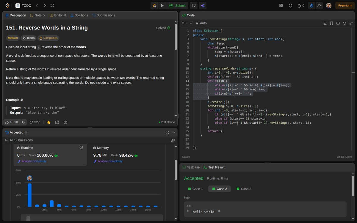 Jishnu_J_P's tweet photo. 🚀 Day 58 of #100DaysOfCode
🎯 Solved: Reverse Words in a String
💡 Topics: Two pointers, string manipulation
Funny how you can stack multiple while loops and still stay O(n) 😄
Separating the cleanup from the core logic made everything click. https://t.co/F1vNuUL4rm