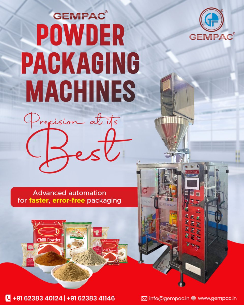 gempacindia's tweet image. Gempac’s Powder Packaging Machines deliver precision at its best, combining advanced automation with engineered reliability to ensure fast, accurate, and error-free packaging for all types of powders.

Contact us 
📲 +91 6238340124

#Gempac #PowderPackaging #PackagingSolutions