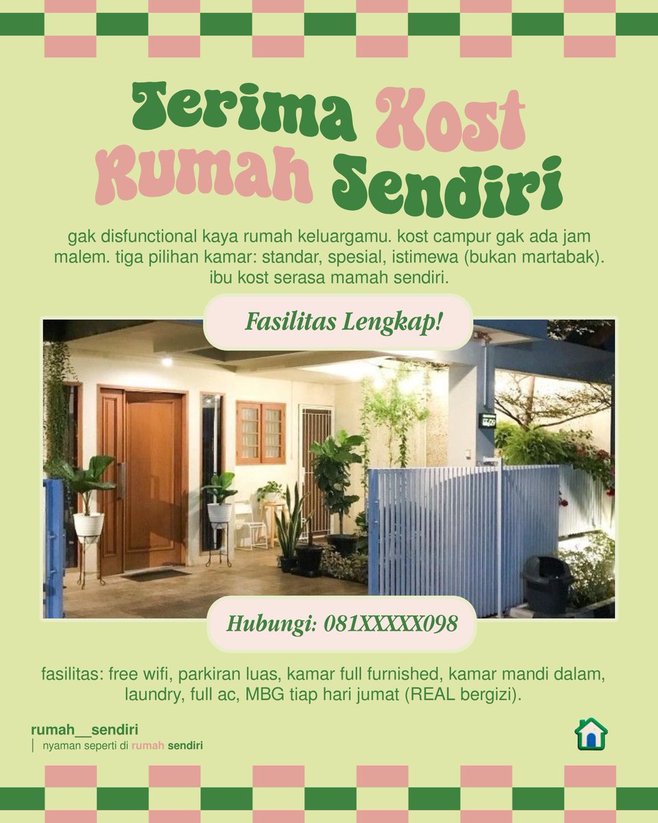 rumah__sendiri's tweet photo. Dicari yang ingin punya kost nyaman seperti Rumah Sendiri! Semua diterima tapi baca tata tertib dulu, ya! 

Jenis kamar dan fasilitas cek:
https://t.co/KLw76NY2if https://t.co/r1qCFFlC5K