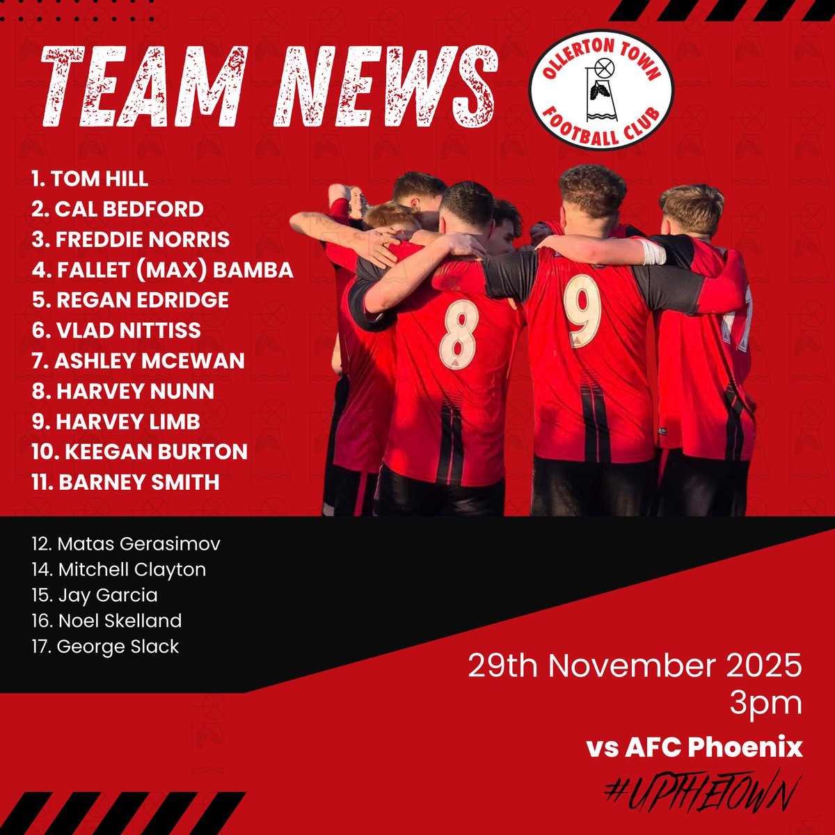 Today's Ollerton Town team news is in 🔴⚫️ 

🔁 New signings Jay Garcia and Noel Skelland take their place on the bench, where they are joined by the returning George Slack 😍

#UpTheTown