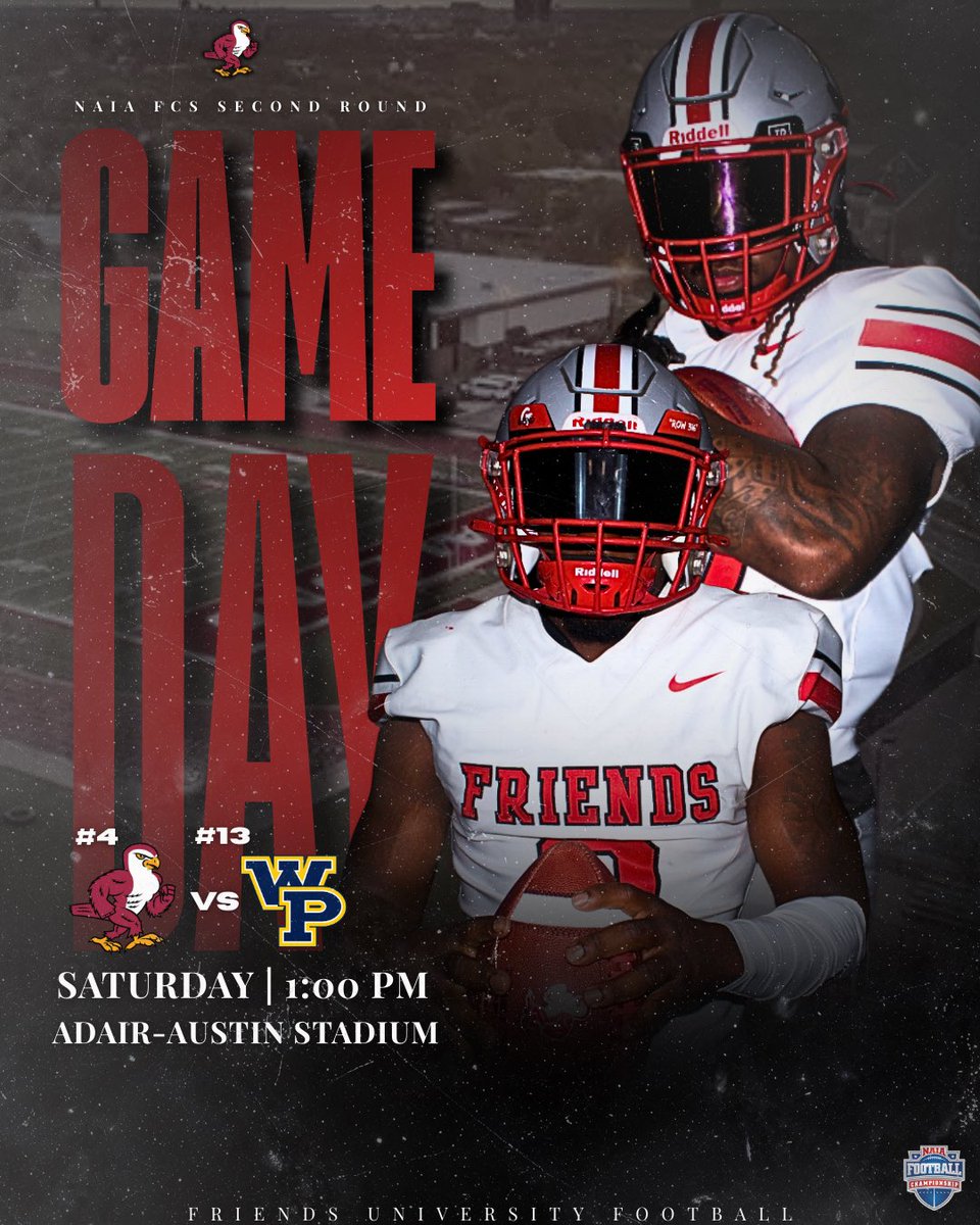 FOOTBALL GAMEDAY!! 🏈🏈🏈
‼️ 𝐍𝐀𝐈𝐀 𝐅𝐂𝐒 𝐒𝐞𝐜𝐨𝐧𝐝 𝐑𝐨𝐮𝐧𝐝
🆚 No. 13 William Penn
📍 Adair-Austin Stadium | Wichita, Kan.
⏰ 1:00 PM
📺 urbanedgenetwork.net/watch/7622
📊 naiastats.prestosports.com/sports/fball/2…
🎟 tinyurl.com/c5zh4z96

Talons Up! 
#friendsfalcons #btf #talonsup #honorGod