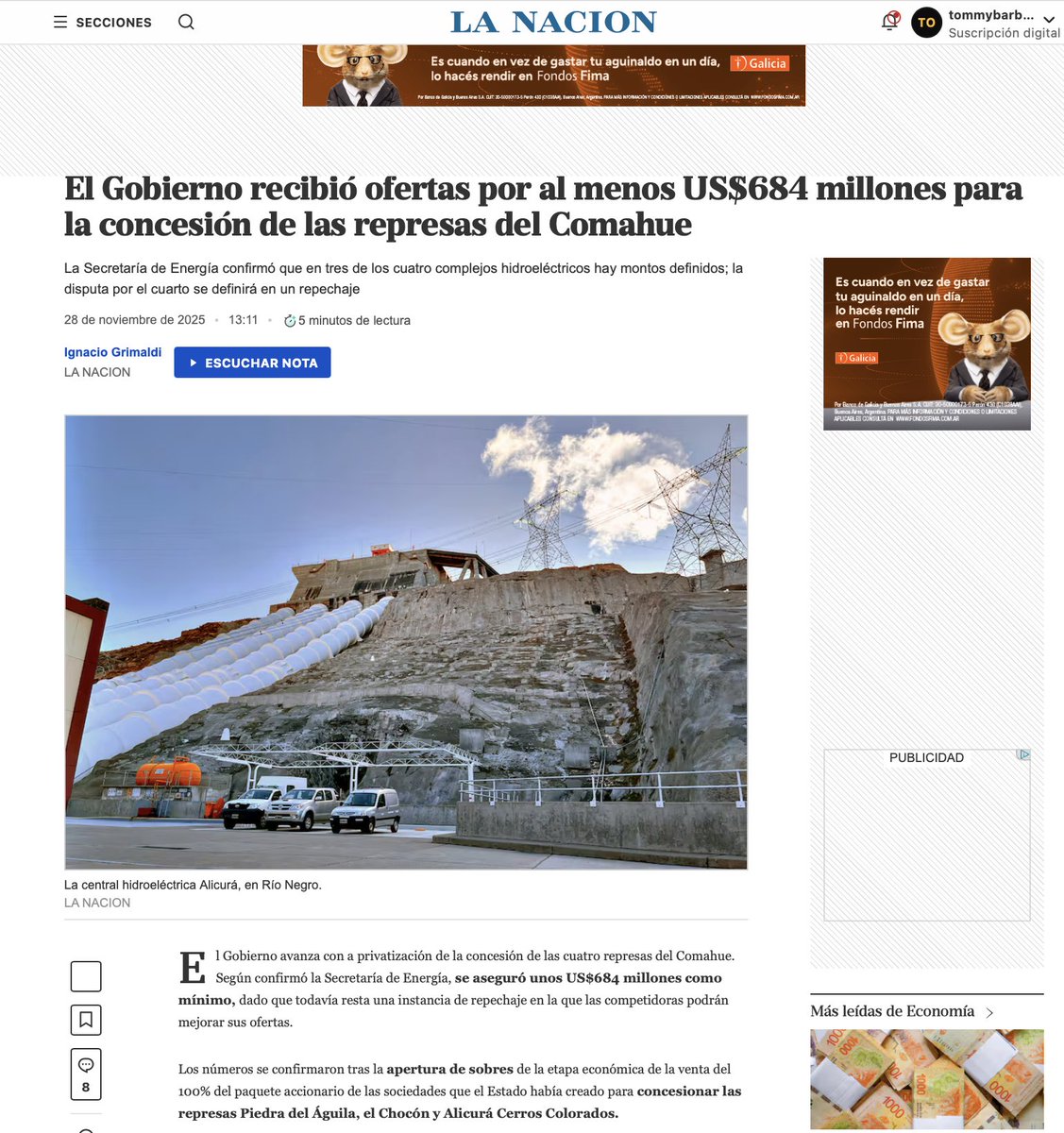 Pregunta a los que saben: ¿No es poca plata la ofrecida en la licitación para operar durante 30 años las cuatro hidroeléctricas que proveen el 10% de la energía eléctrica del país: Piedra del Aguila US$245 millones, Alicurá US$162 mm, Chocón US$235 mm, Cerros Colorados US$41 mm?