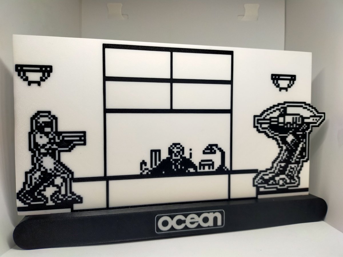 Robocop circa 1988 on the #sinclair #zxspectrum as a unique 3D printed shelf display featuring ED209, Director of OCP and Robocop. #shareyourgames  #RETROGAMING #8bit