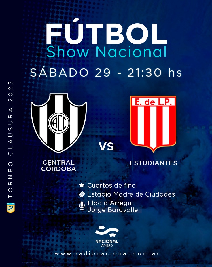 #FútbolShowNacional | ¡Gran Sábado de fútbol vamos a tener en <a href="/NacionalAM870/">Radio Nacional AM 870</a> ! ⚽

A partir de las 15 hs, hay programas y arrancan los Cuartos de final del Torneo Clausura por #AM870 📻

⚽️ Central Córdoba vs Estudiantes

📻AM 870
#TuRadio