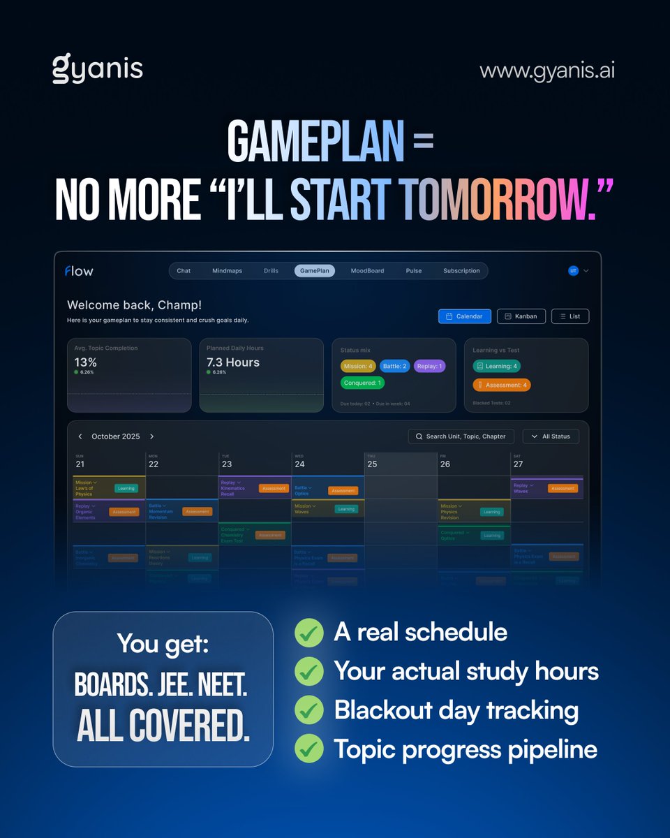 gyanisaiedtech's tweet image. A schedule you follow &amp;gt; a schedule you dream about.
Let Gameplan do the organising.

Prep smarter. Visit: gyanis.ai

#gyanis #aiforstudents #cbse #nep2020 #progressnotpressure #iitprep #futureoflearning #jeeprep