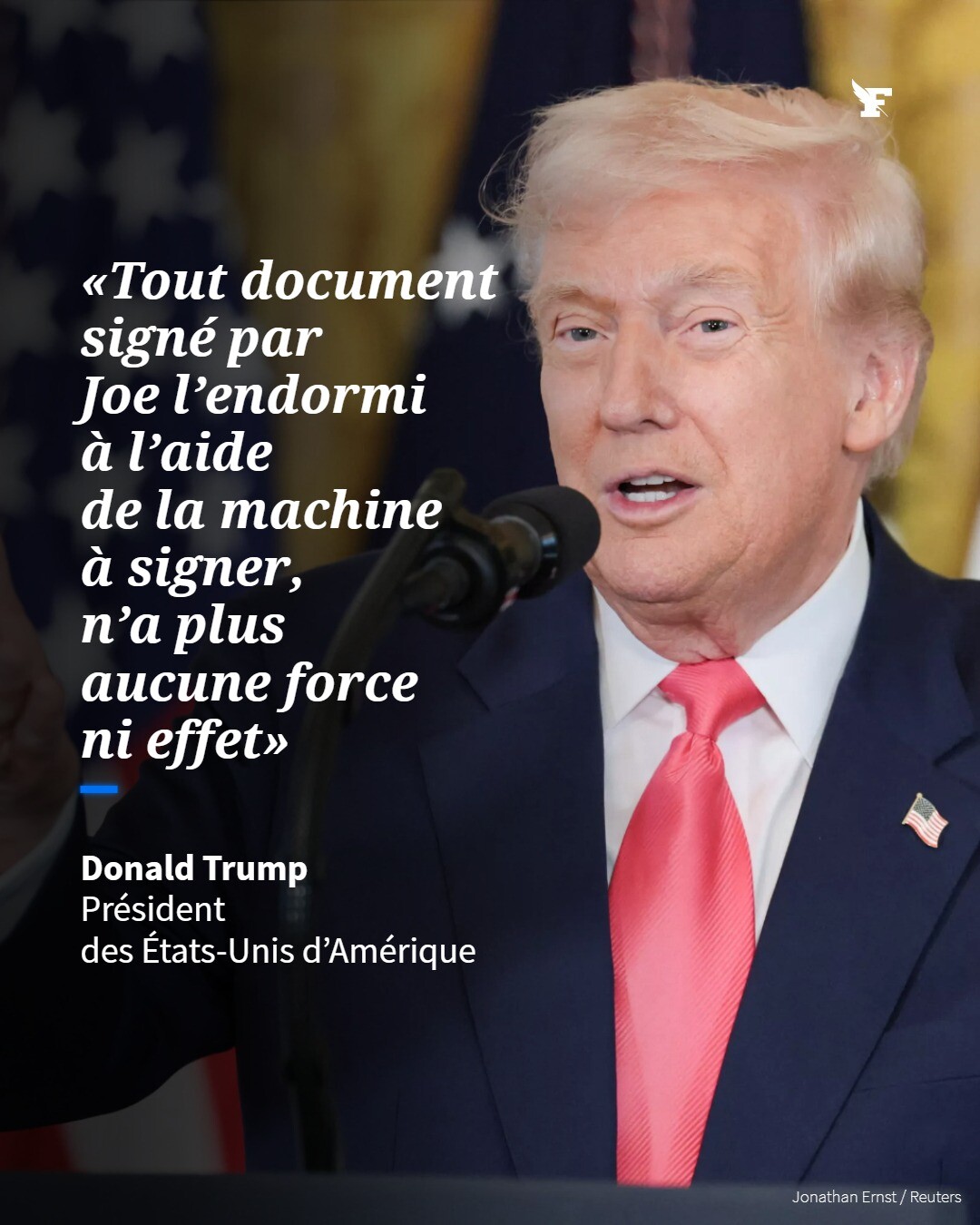 Le Président américain a annoncé ce vendredi l’annulation avec effet immédiat d’«environ 92%» des décrets signés par Joe Biden→