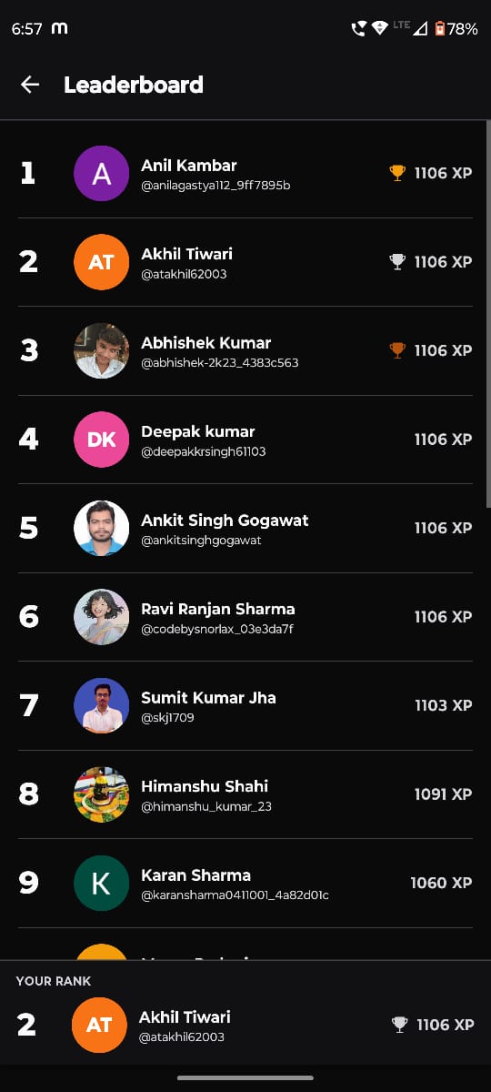 hey_akhill's tweet image. Successfully completed the JS Challenge Part 2 
Secured 2nd position on the leaderboard,
Big thanks to @Hiteshdotcom  for creating such an effective challenge format it really helped me cover my backlog and stay consistent.
@ChaiCodeHQ @nirudhuuu 
#JavaScript  #CodingJourney