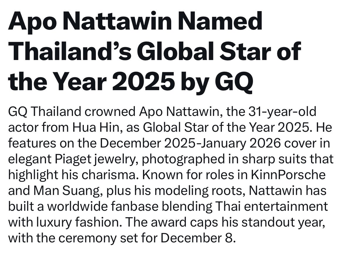 ApoNattawinofc's tweet image. อาโป-ณัฐวิญญ์ วัฒนกิติพัฒน์ 
‘APO Nattawin Wattanagitiphat’

Thailand’s Global Star of the Year 2025 | Piaget Global Ambassador 

👩🏻‍💻 #Grok 

@Nnattawin1 
#ApoNattawin #MOTY2025 #Piaget #GQMenOfTheYear