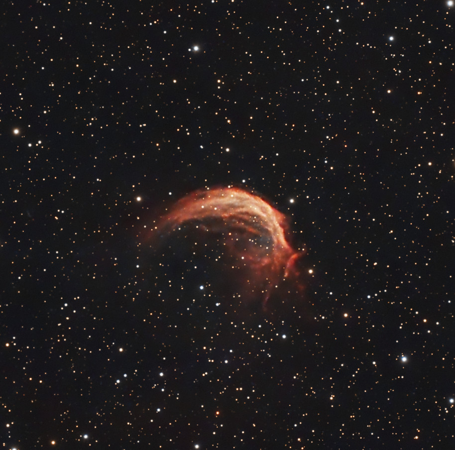 This is the "Shrimp Nebula" (SH2-188). A dim planetary Nebula that was formed by a star losing it's outer layers 7500 years ago. It's located 850 LY away in Cassiopeia. Cropped image using the SvBony SV503 80ED Telescope and ZWO ASI533mc Pro Camera. Processed using Pixinsight.