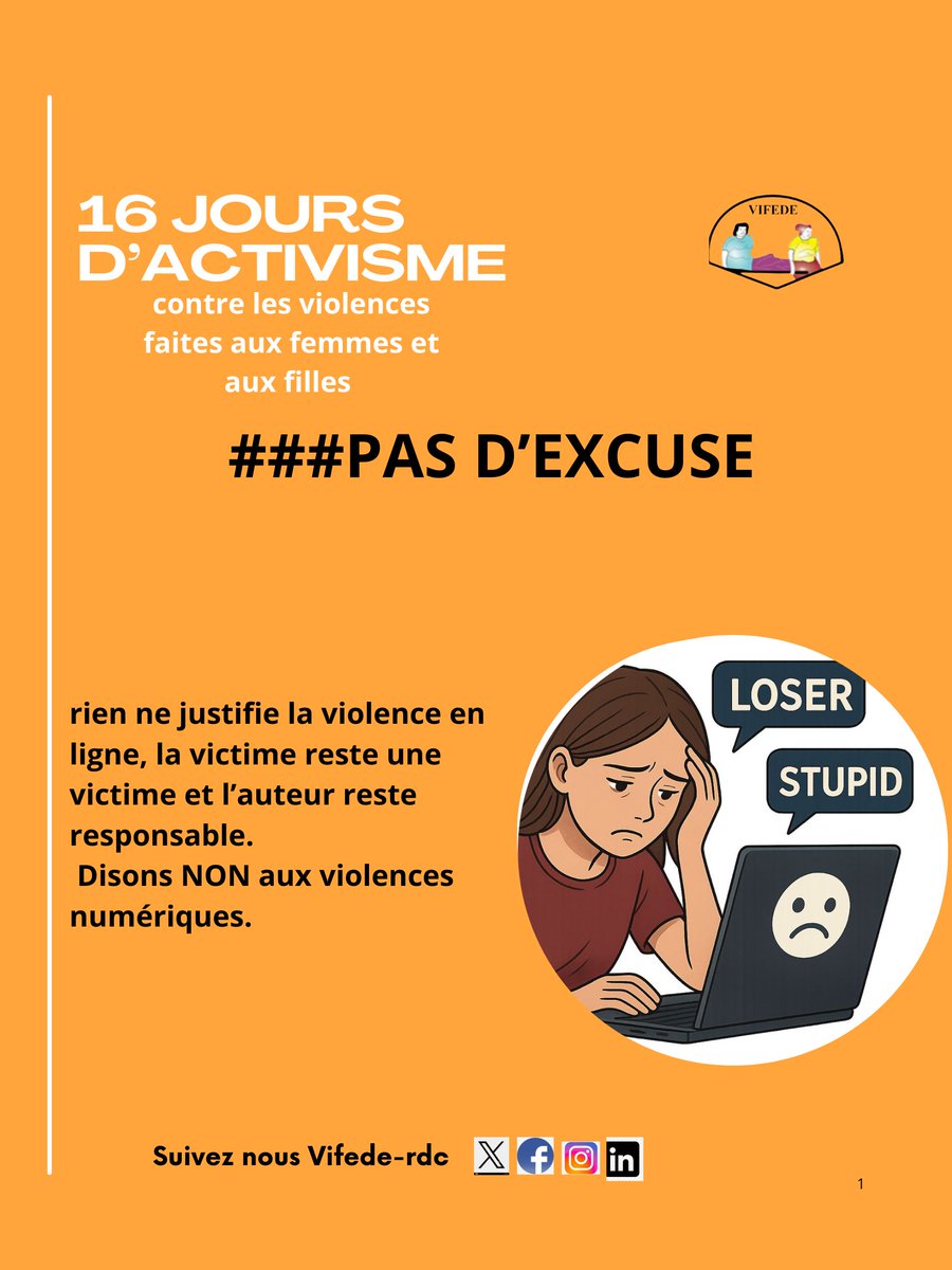 Ajourd'hui il est importantant de rappeler que quelque soient les circonstances, aucune femme, aucune personne ne mérite d’être harcelée, humiliée, menacée ou insultée sur Internet.
#dignitépourtous
#stopviolencesenligne
#RespectEnLigne
#16joursdactivisme
#pasdexcuse
#StopVBG