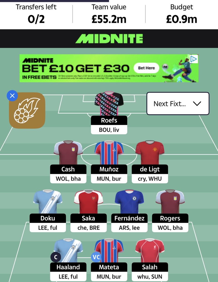 FM_6546's tweet photo. GW14

Merino -> Rogers 
Woltemade -> Salah

Goal Boost ON

Last minute decision on goal boost vs Salah 12th man + Thiago. Rationale in the end that I don’t want to goal boost over Christmas or European fixtures. Ideally players would be firing a tad more tho.

#sdt #sundreamteam https://t.co/zk0OkcWfmQ