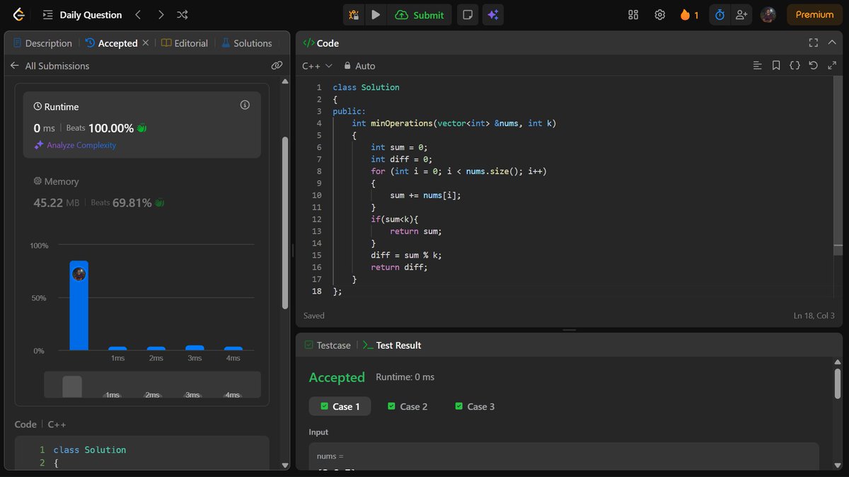 itzshibuu's tweet image. Problem No 3512 -

A very simple problem tbh. It seems confusing for the first time you see it but when you notice that the number of operations can be fetch from the remainder of the division of the total sum of array components and the given number k.

#100DaysOfCode