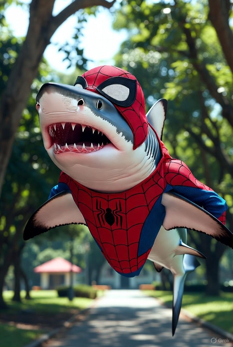 boyaping's tweet image. A shark ina spiderman costume.  Thanks @grok