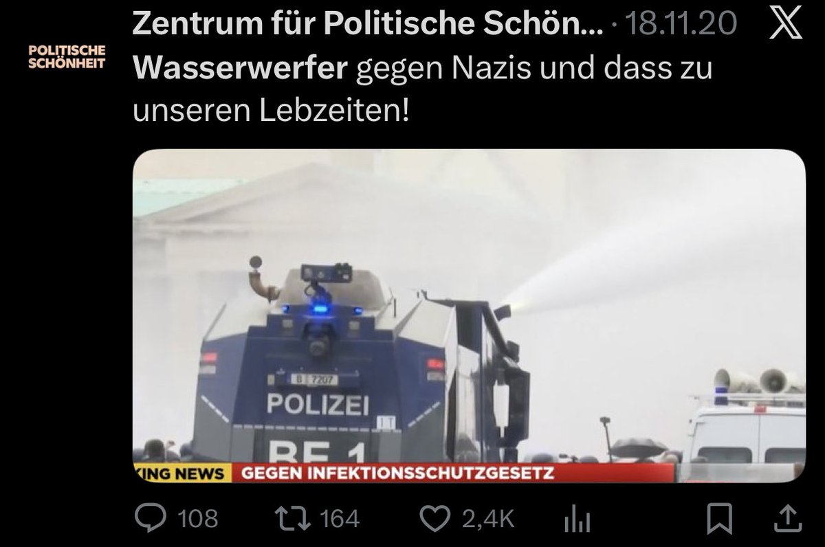 Stark: Unsere Kolleg:innen vom ZPS zeigen Haltung gegen Wasserwerfer:innen im November. Für Aktivisty könnten die nämlich eine tödliche Erkältung nach sich ziehen. Gegen Covid19-Maßnahmengegner:innen waren Wasserwerfende jedoch ein richtiges und wichtiges Instrument.