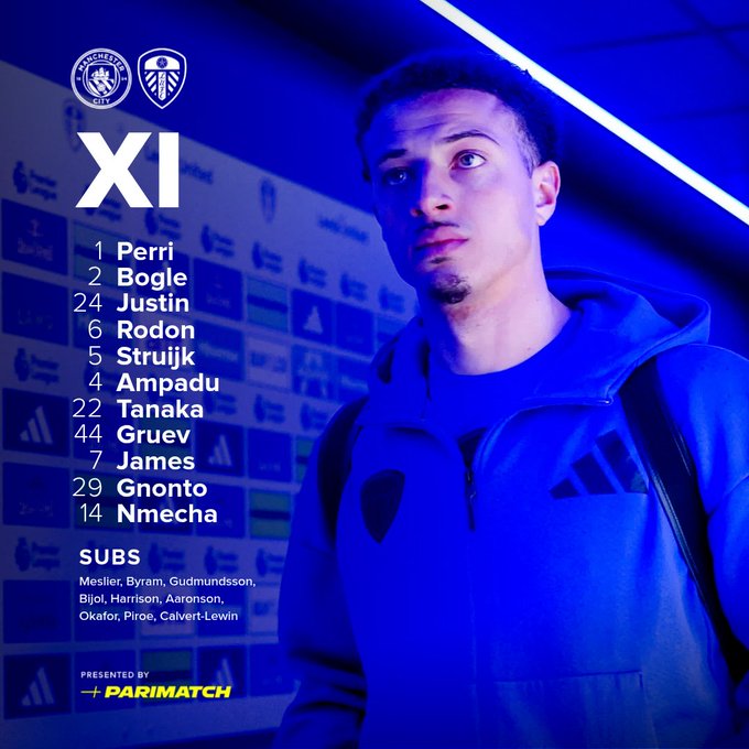 Starting XI: Perri, Bogle, Justin, Rodon, Struijk, Ampadu, Tanaka, Gruev, James, Gnonto, Nmecha