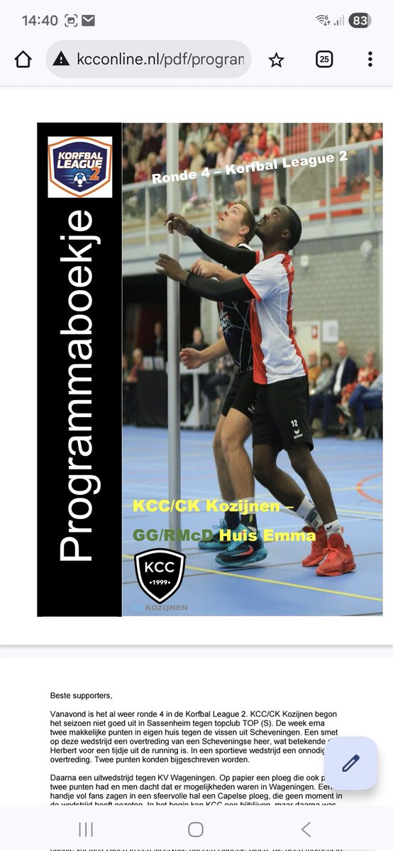 Vanavond speelt KCC/CK Kozijnen om 18:55 thuis tegen GG/RmcD Huis Emma 1 en daarvoor speelt het 2e om 17:15 uur tegen LDODK/Rinsma Modeplein 3. Tot vanavond in Sporthal Schenkel! Lees hier alvast het programmaboekje: kcconline.nl/pdf/programmab…
