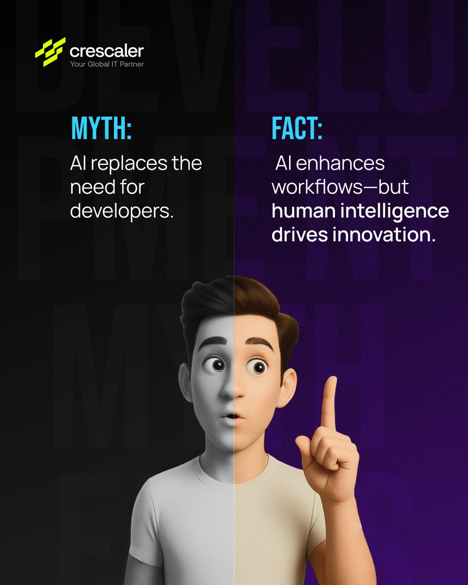 Crescaler's tweet image. MYTH: “AI will replace developers.”
FACT: AI enhances workflows—but human intelligence still drives innovation, creativity, and problem-solving.
AI doesn&apos;t eliminate developers.
📧 Build smarter, scalable AI with us → hi@crescaler.com
#AIMyths #AIFacts #AIDevelopment