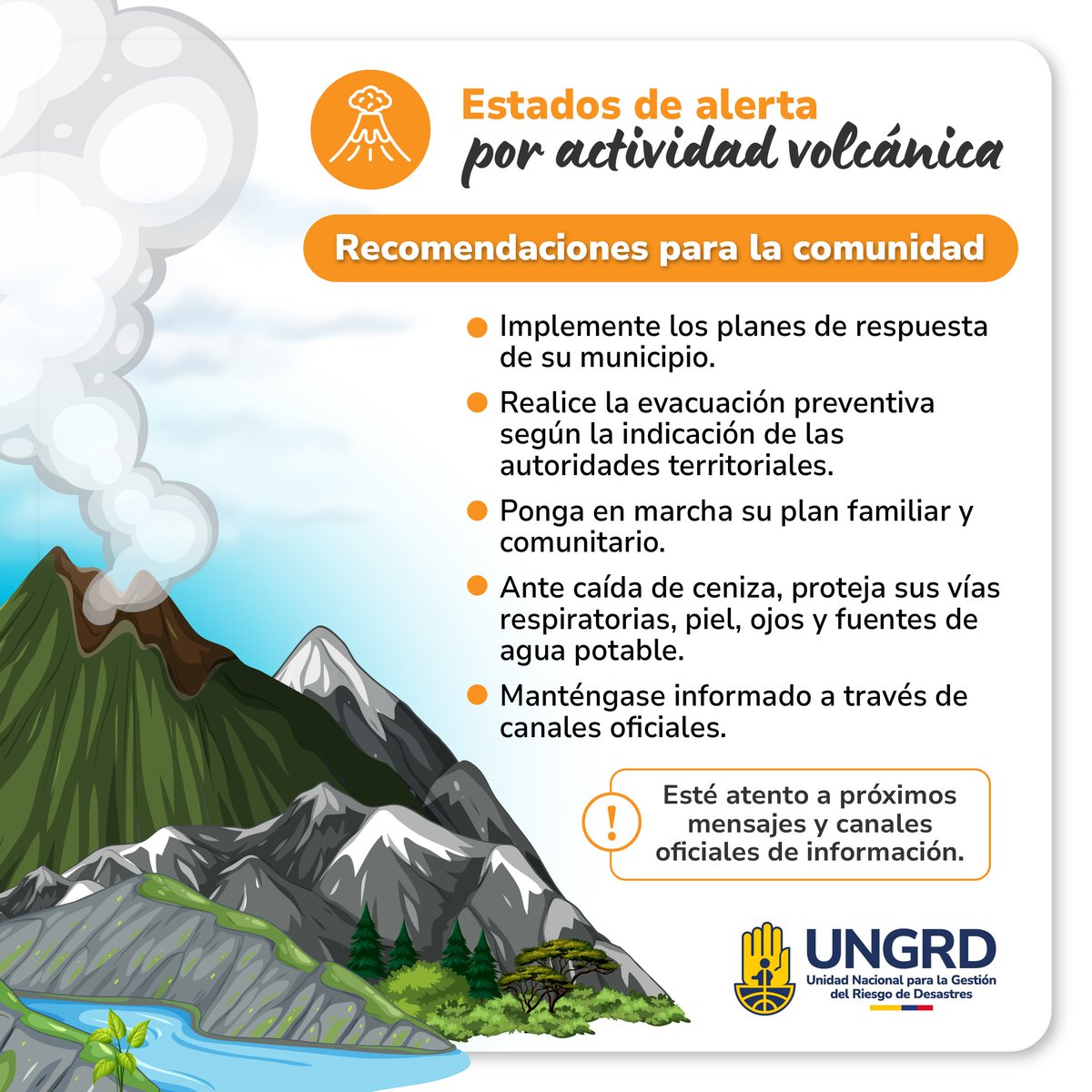#Atención | 🟠 Cambia a NARANJA el estado de alerta del volcán Puracé – Cadena Volcánica Los Coconucos.

El <a href="/sgcol/">Servicio Geológico Colombiano</a> informó un incremento significativo en la actividad del volcán, con sismos asociados a movimiento de fluidos, emisión de gases y columnas de ceniza.

Este nivel de