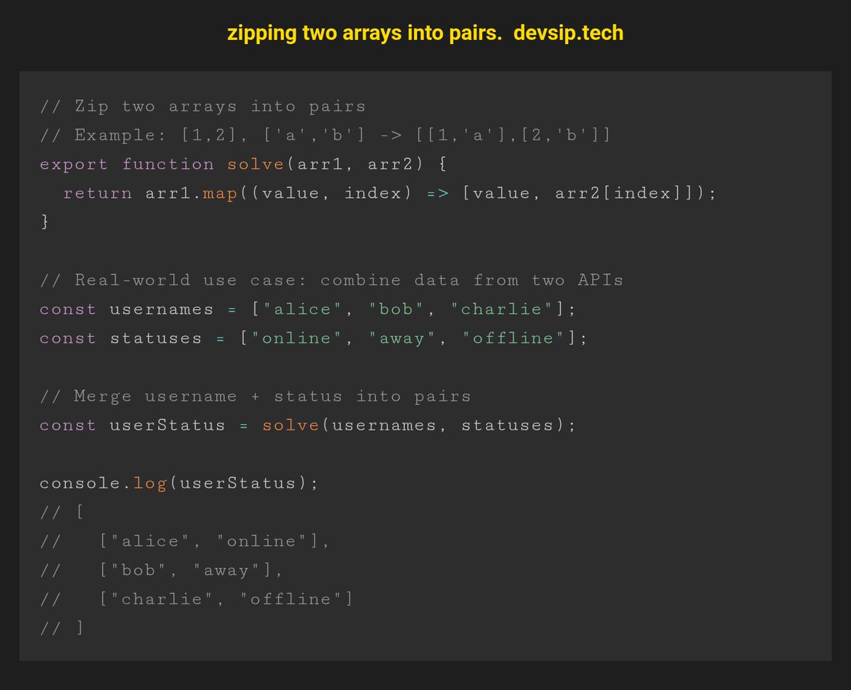 koomekelvink's tweet image. Two arrays that belong together?
Zip them. 🧩

Perfect for pairing API results, merging IDs with values, or processing lists side-by-side without index chaos.

Clean, readable, and very functional. ⚡

#JavaScript #WebDev #FunctionalProgramming #CleanCode #DevTips