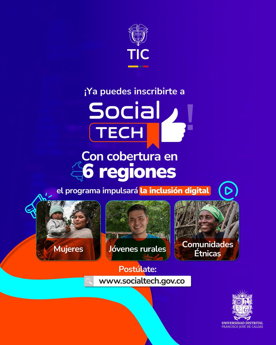 TalentoDigCol's tweet image. ¿Impacto real? Sí. Con #SocialTECH nacerá una red de voceros digitales locales que llevarán innovación a sus territorios.  Tú puedes ser uno de ellos. 
Inscríbete gratis aquí: 👉 socialtech.gov.co.