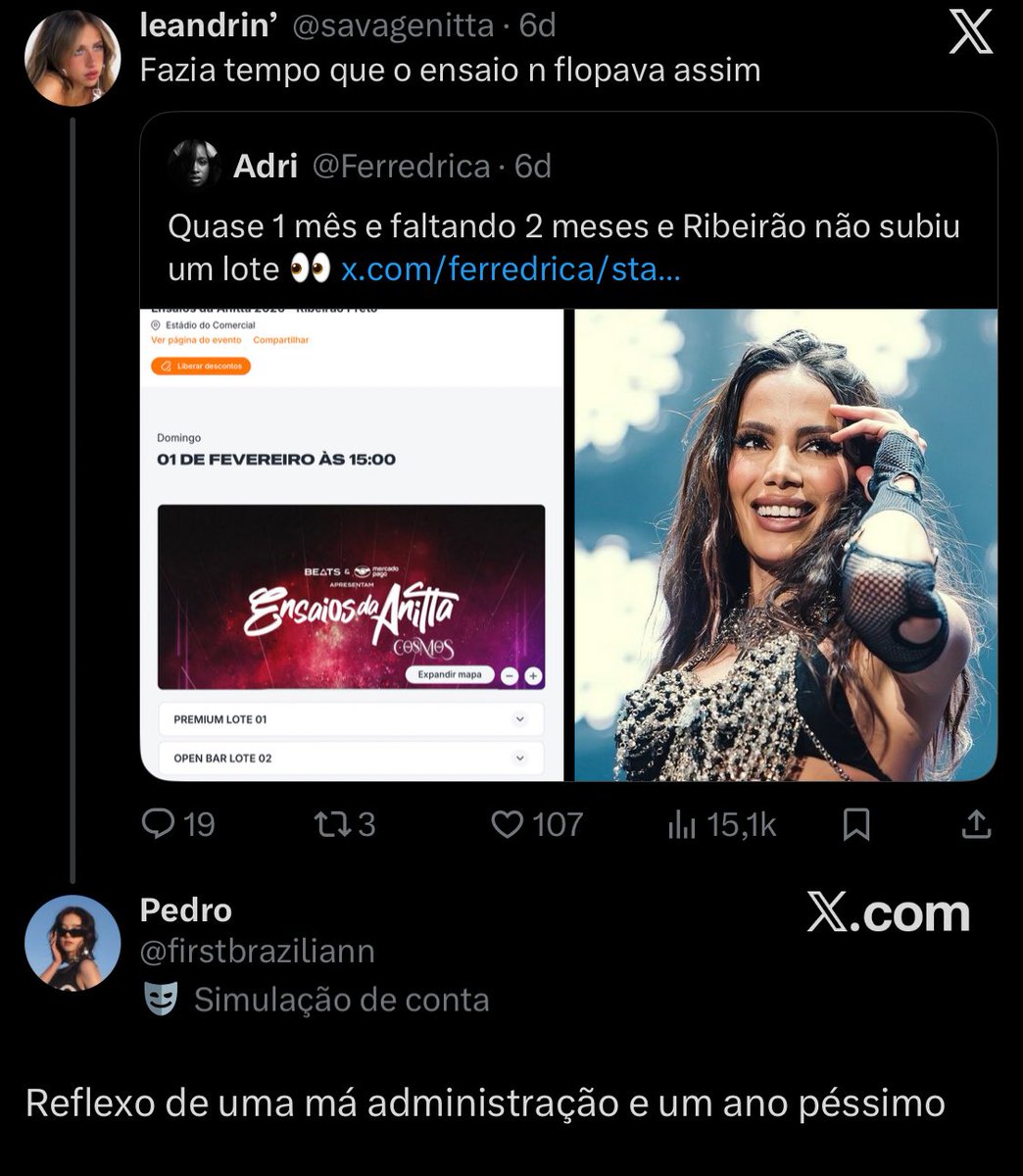 bebadafavorita's tweet image. já ficaram sabendo que o ensaios da anitta não subiu lote open bar desde o começo de novembro? quase um mês e os ingressos do “maior evento” continuam encalhados kkkk