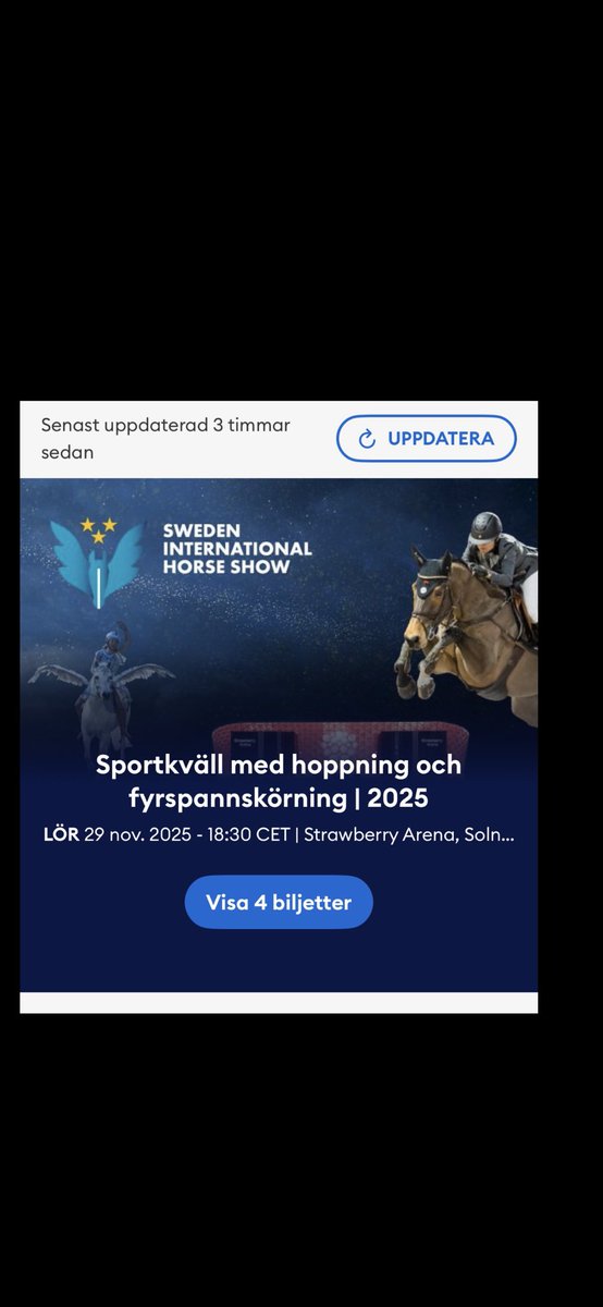 Hej! Skänker bort 4st biljetter till eventet ikväll.

Strawberry Arena kl 18:30

Skulle till Team Storebror ungdomar men hästtävlingar lockade inte så varsågoda.
Skicka DM @teamstorebror insta eller skriv här så överfor jag plåtarna.
Först till kvarn.
Ha en fortsatt trevlig helg!