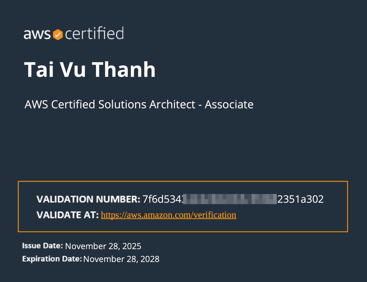 vthanhtai's tweet image. 🎉 Just passed the AWS Solutions Architect – Associate (SAA-C03) exam!
It’s been a challenging but incredibly rewarding journey diving deeper into cloud architecture, scalability, security, and best practices on AWS.
#AWSCertified #SAA #Cloud #AWS #DevOps #CareerGrowth