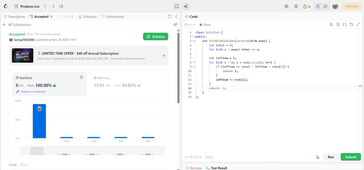 SunnyKumar51305's tweet image. 🔥 Problem of the Day:  Find The Middle Index In Array 
Approach:  
Language: C++
Difficulty: Easy
✅ Passed all testcases
#DSA #LeetCode75