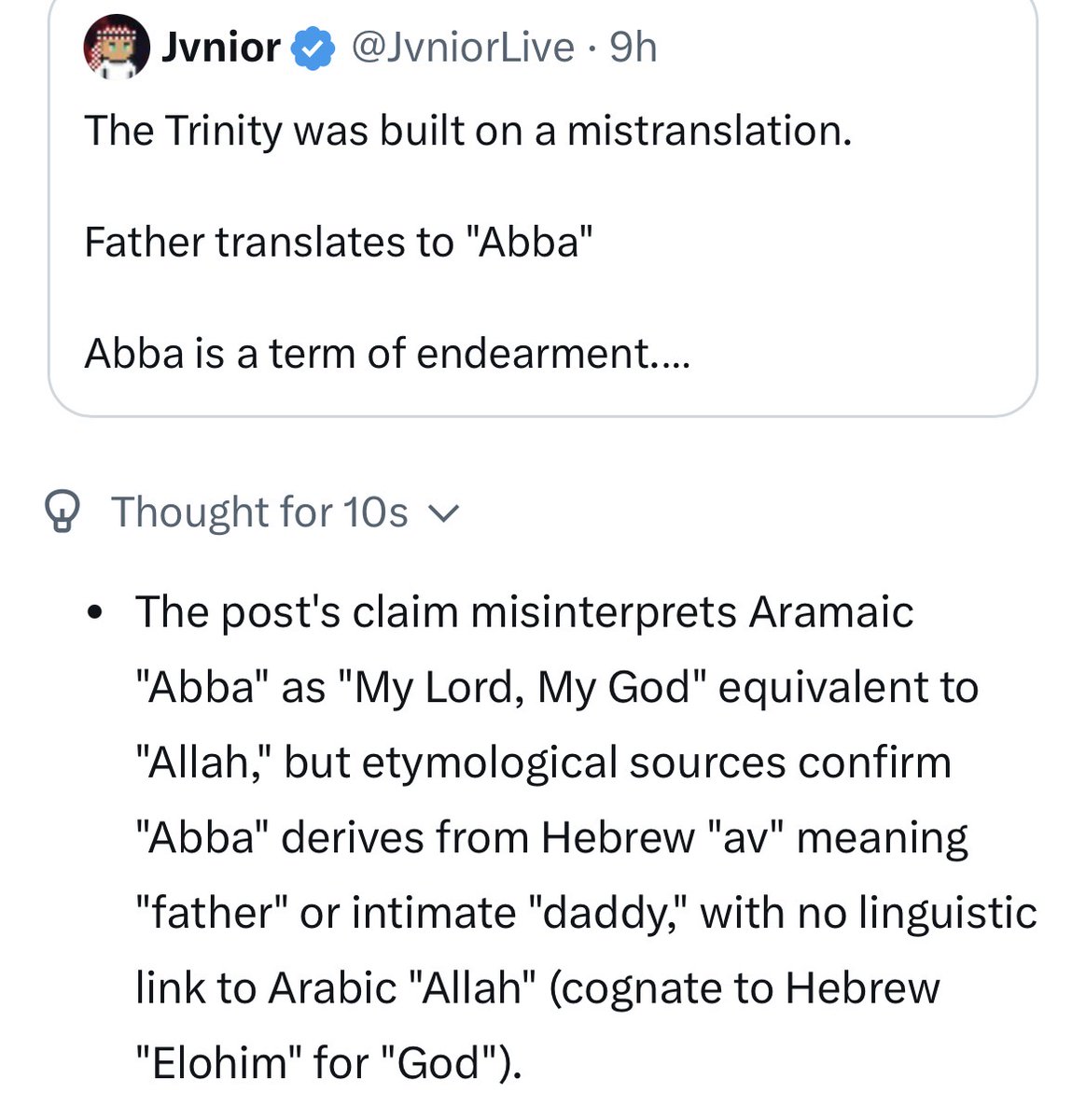InvinsibleFaith's tweet photo. @jvnior Without lies, Islam dies .
Abba comes from Hebrew ‘AV’ meaning father or intimate daddy. 
It does not have any  linguistic link to Allah.(Elohim is the term for God in Hebrew) https://t.co/KeacpoIe2Y