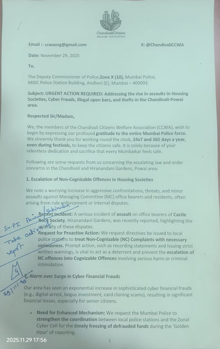 ChandivaliCCWA's tweet photo. We have formally submitted urgent safety concerns for Chandivali/Powai to @DcpZone10Mumbai @Mumbaipolice . 

We raised our concern on a serious incident of assault on office bearers of Castle Rock Society, Hiranandani Gardens.

Request for Proactive Action: We request directives be issued to local police stations to treat Non-Cognizable (NC) Complaints with necessary seriousness. Prompt action, such as recording statements and issuing strict written warnings, is vital to act as a deterrent and prevent the escalation of NC offences into Cognizable Offences involving serious harm or criminal intimidation.

Illegal Nuisance: Remove 'open bars' & food stalls causing disorder (Gold Wines,chandivali, Galleria, Central Ave, old Eden market, powai). 

Alarm over Surge in Cyber Financial Frauds

Patrolling: Enhance late-night patrolling to housing societies  to curb theft/vandalism.
@VarshaEGaikwad @Mi_DilipLande
@CMOMaharashtra @CPMumbaiPolice
@TOIMumbai @HTMumbai @NavbharatTimes @fpjindia @mid_day @mumbaimirror @mataonline @mybmcWardL @mybmcWardS