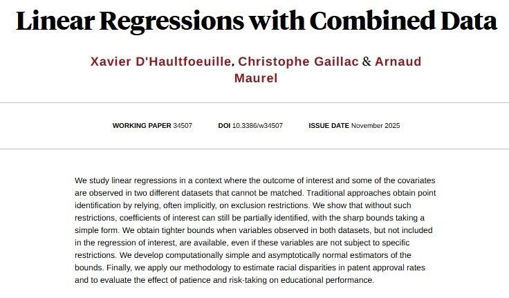 Providing new tools for linear regressions in a data combination environment and providing easy to compute bounds, which do not rely on exclusion restrictions, from Xavier D'Haultfoeuille, Christophe Gaillac, and Arnaud Maurel nber.org/papers/w34507